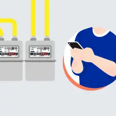 Dwa liczniki gazu i dłoń trzymająca smartfon. Dowiedz się, jak podać odczyt gazu po wymianie licznika.