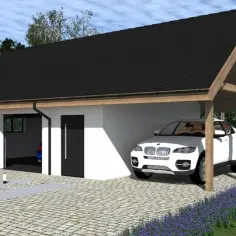 Nowoczesny garaż blaszak z wiatą, gdzie białe BMW stoi pod drewnianą konstrukcją, a obok pomarańczowy samochód.
