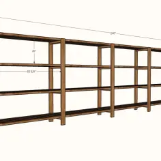 Projekt drewnianego regału do garażu: 72" wysokości, 240" długości, 20" głębokości półek.