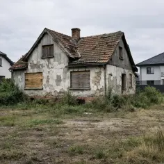 Zrujnowany dom do rozbiórki, z odpadającym tynkiem i zabitymi deskami oknami, stoi na tle nowoczesnych budynków.