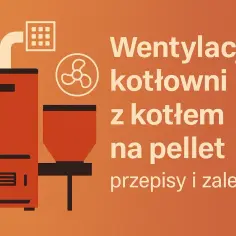Ilustracja przedstawia kocioł na pellet i wentylator, symbolizujące wentylację w kotłowni.