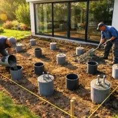 Budowa fundamentu pod taras. Mężczyźni wylewają beton do słupków, przygotowując solidne podparcie.