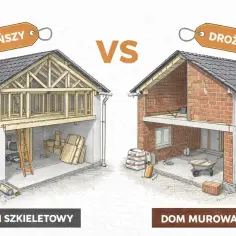 Porównanie budowy: dom szkieletowy (tańszy) vs dom murowany (droższy). Ilustracja pokazuje konstrukcję obu typów budynków.