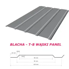 Szary, falisty panel blachy T-8, idealny na drzwi garażowe, z widocznym przekrojem i wymiarami.