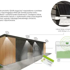 Nowoczesna wiata śmietnikowa z systemem RFID i lampą solarną. Karty identyfikacyjne umożliwiają dostęp i raportowanie.