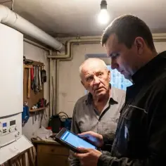 Starszy pan z technikiem oglądają tablet przy kotle. Może to być informacja o wycofanych kotłach z zamkniętą komorą spalania.