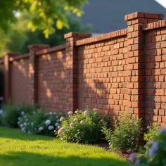 Solid brick fence with decorative pillars, bordering a lush green lawn and blooming flowers.