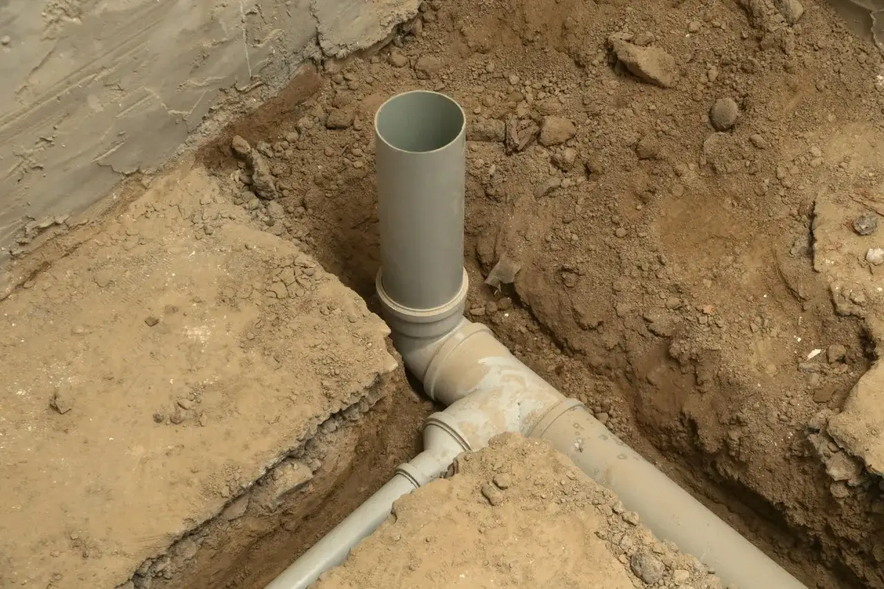 Instalacja kanalizacyjna w domu w trakcie budowy. Szare rury wystają z ziemi, tworząc skomplikowany system odprowadzania.