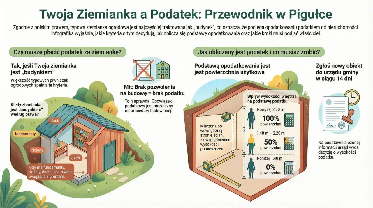 Czy za wiatę płaci się podatek? Infografika wyjaśnia, kiedy ziemianka jest budynkiem i jak oblicza się podatek od nieruchomości.