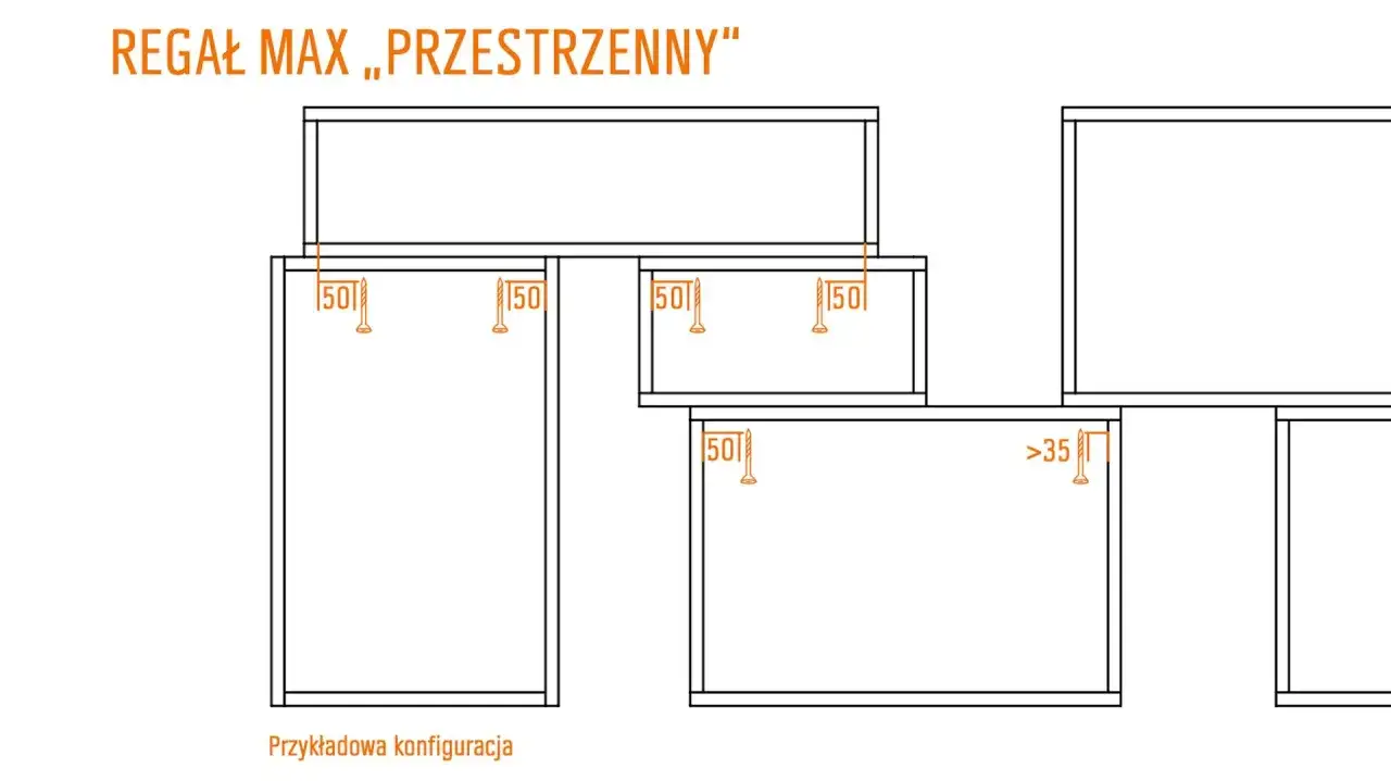 Schemat montażu regału. Wskazówki dotyczące odległości elementów (50, >35) pomogą Ci jak zbudować regał.