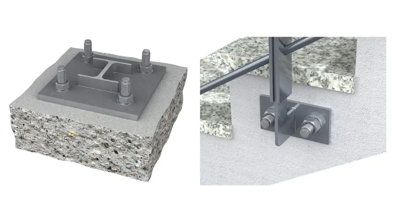 Solidne mocowanie balustrad balkonowych: kotwy w betonie i wsporniki przy ścianie.