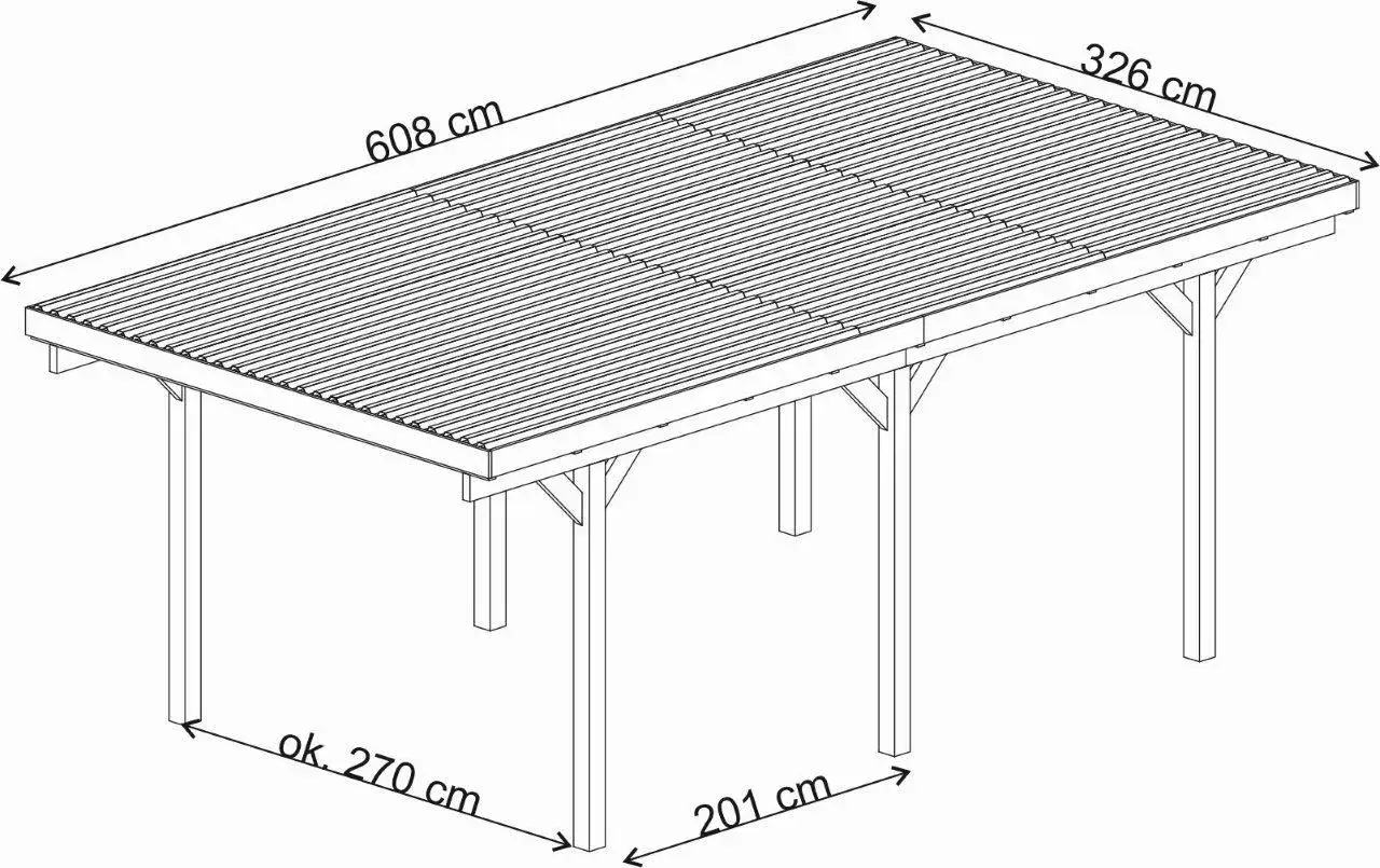 Wymiary wiaty garażowej: długość 608 cm, szerokość 326 cm, wysokość ok. 270 cm.