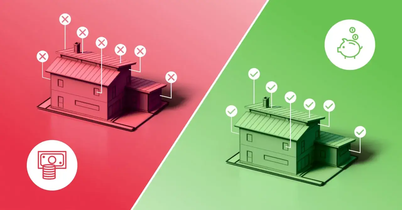 Dwa domy: czerwony z krzyżykami i ikoną pieniędzy, zielony z zaznaczeniami i skarbonką. Pokazuje to porównanie kosztów instalacji elektrycznych w domu.