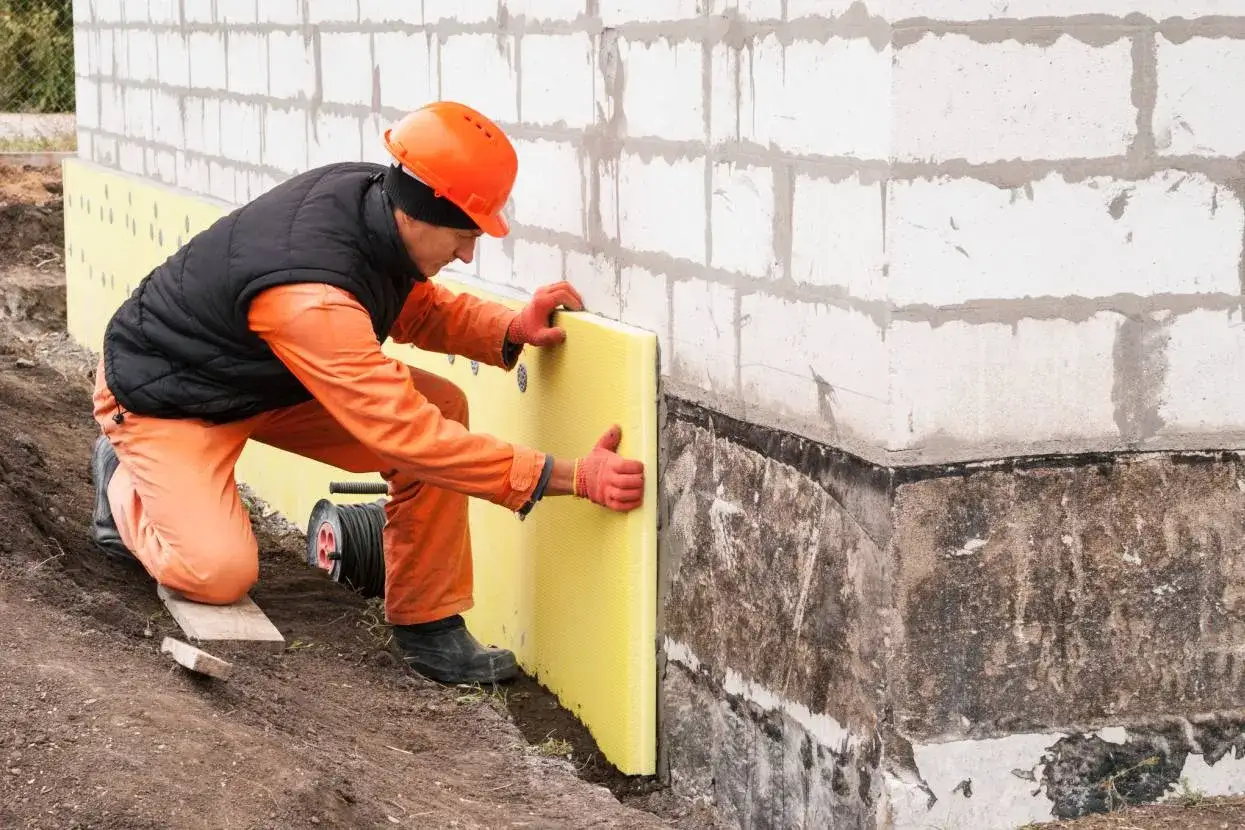 Pracownik w pomarańczowym stroju montuje żółtą płytę izolacyjną, pokazując, jak ocieplić fundamenty starego domu.