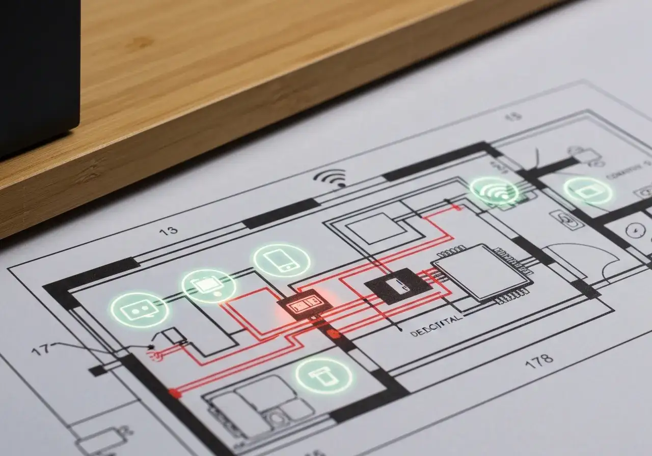 Schemat instalacji elektrycznych w domu z ikonami urządzeń i ścieżkami połączeń.
