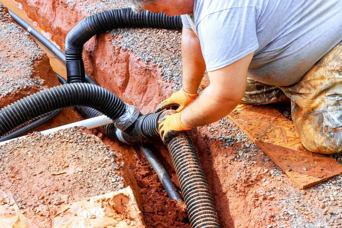 Instalator łączy rury odprowadzające wodę z rynien. Prace zgodne z odprowadzenie wody z rynien przepisy.