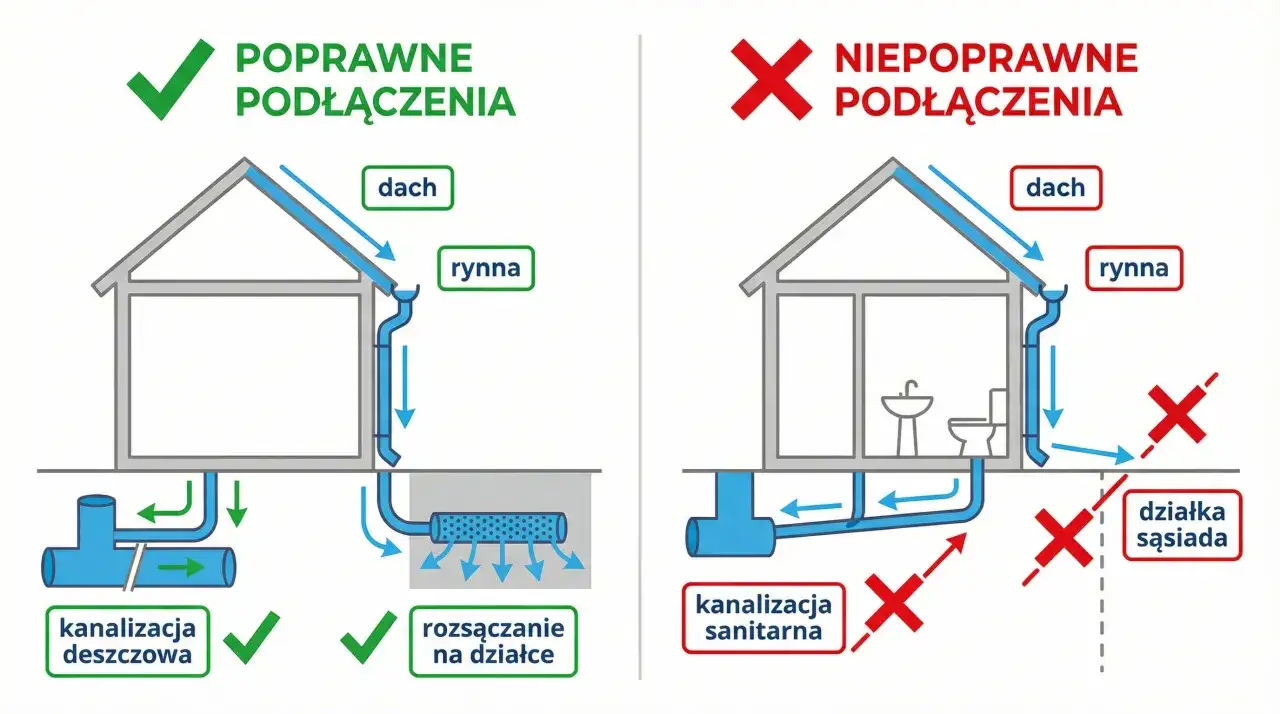 Poprawne odprowadzenie wody z rynien na działkę, a nie do kanalizacji sanitarnej. Przepisy nakazują rozpraszanie deszczówki.
