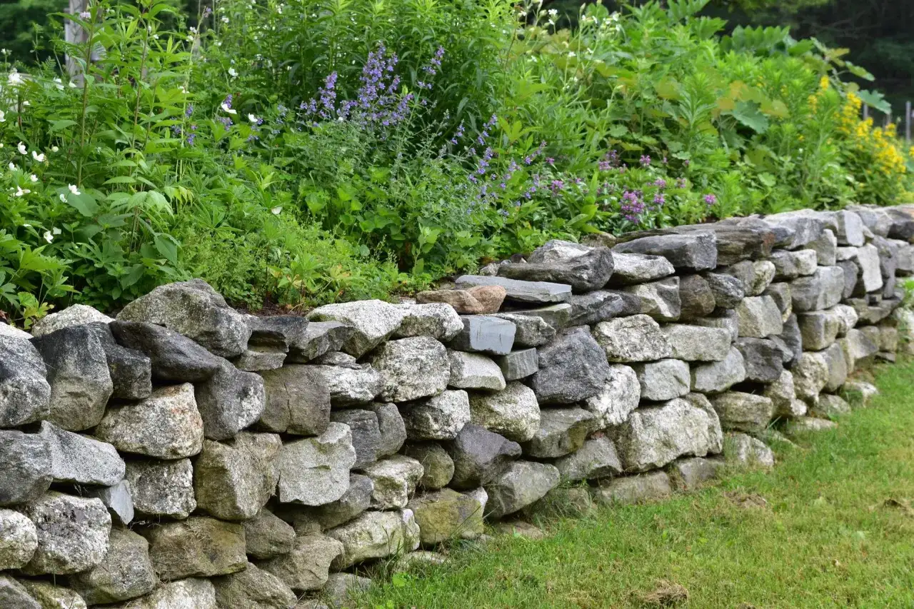 Solidny mur z kamienia, porośnięty zielenią i kwitnącymi kwiatami, tworzy naturalną granicę ogrodu.