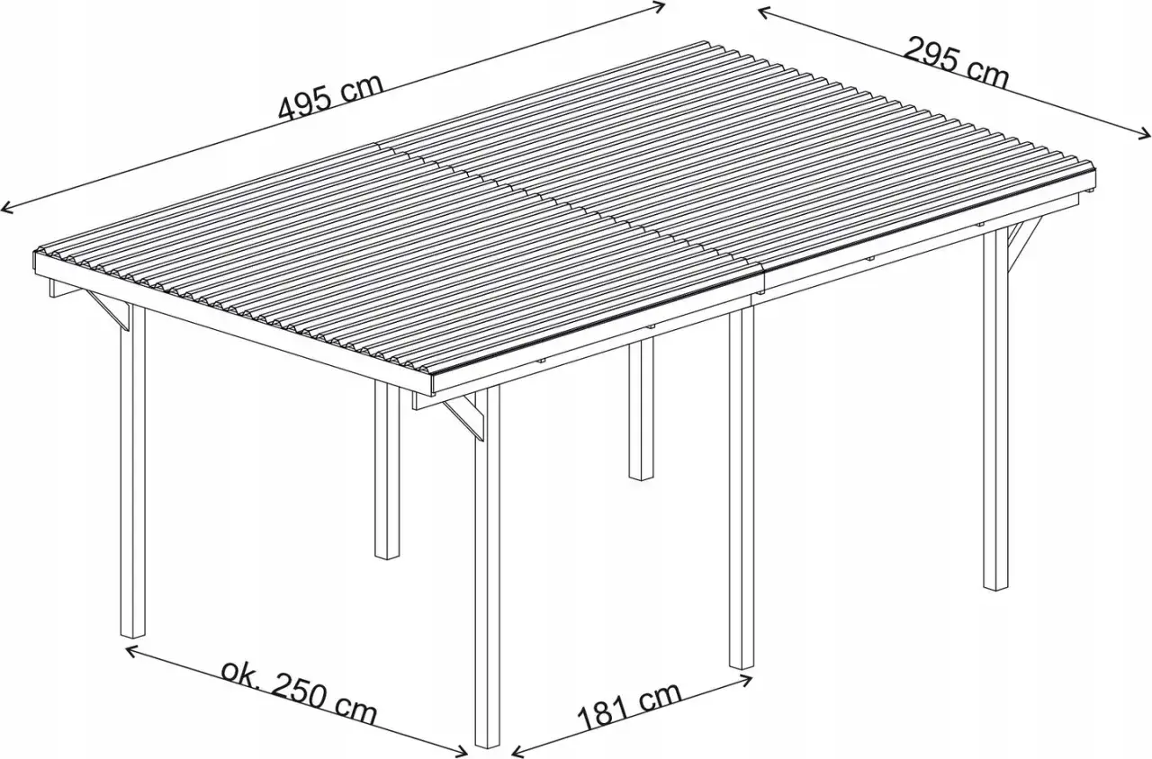 Wymiary wiaty na dwa samochody: 495x295 cm, wysokość ok. 250 cm, szerokość między słupkami 181 cm.
