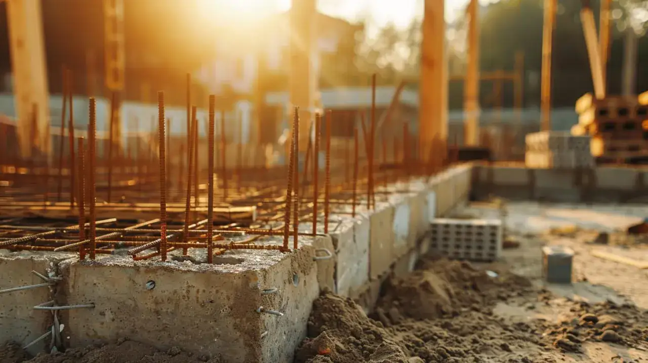 Odkopanie i izolacja fundamentów w słoneczny dzień. Betonowe bloki i zbrojenie czekają na dalsze prace budowlane.