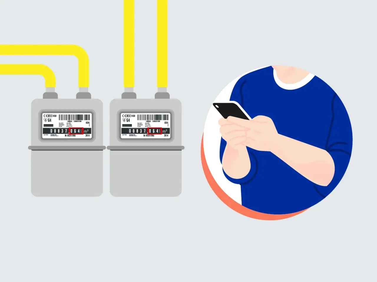 Jak odczytać licznik elektroniczny gazu? Dwa liczniki gazu i osoba trzymająca smartfon.