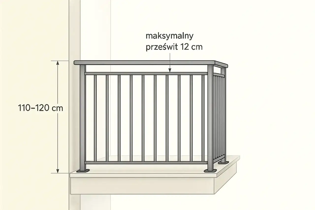 Schemat mocowania balustrad balkonowych: wysokość 110-120 cm, maksymalny prześwit 12 cm.