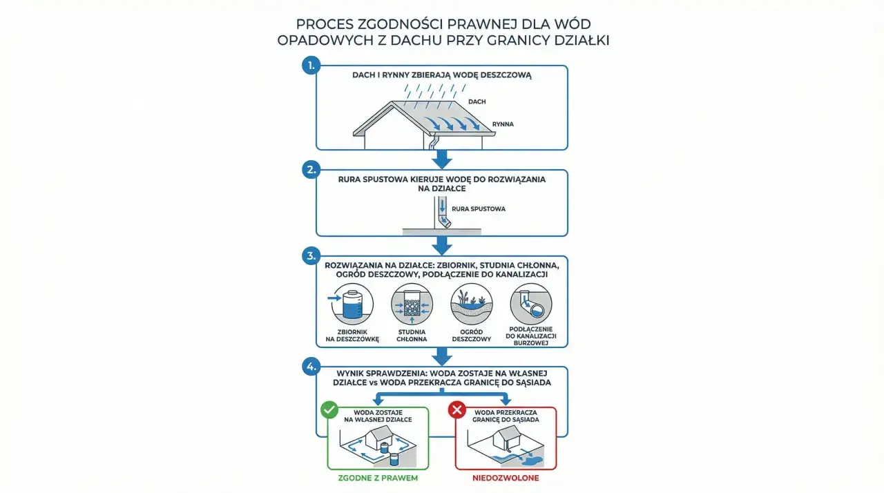 Schemat procesu odprowadzania wody z rynien zgodnie z przepisami: zbieranie wody z dachu, kierowanie jej rurą spustową, wybór rozwiązania (zbiornik, ogród deszczowy, kanalizacja) i sprawdzenie, czy woda nie przekracza granicy działki.