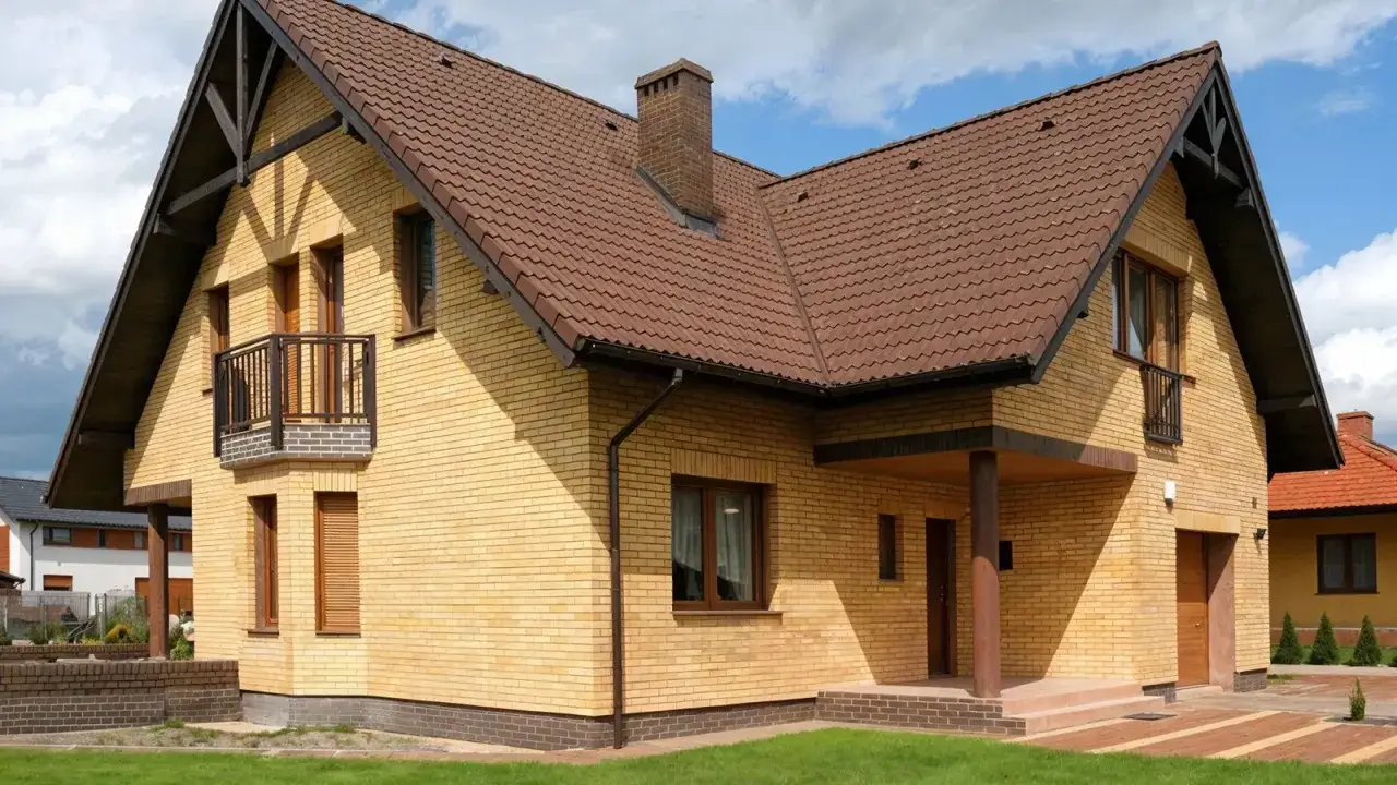 Jasny, ceglany dom z brązowym dachem i kominem. Wokół domu zielona trawa i ścieżka z cegły.