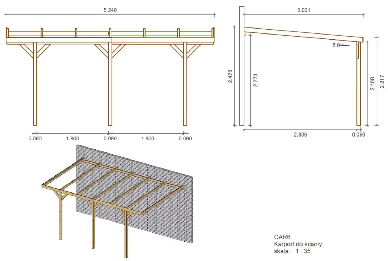 Rysunek techniczny wiaty garażowej z podanymi wymiarami, w tym kluczowa wysokość wiaty garażowej 2.478 m.
