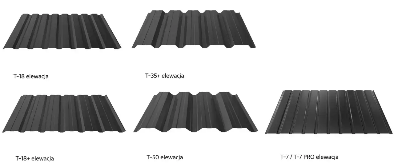 Różne profile blachy trapezowej aluminiowej do elewacji: T-18, T-35+, T-50 i T-7/T-7 PRO.
